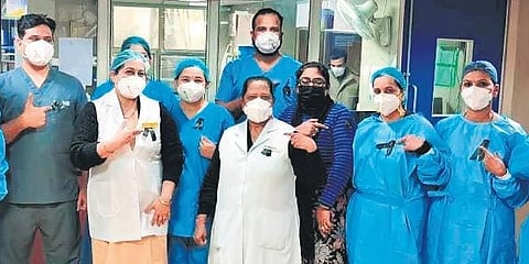 Peaceful protest by employees of various government hospitals over compensation promised by Delhi government. (Photo | EPS)