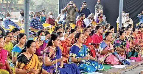 Vocalists perform during Sri Thyagaraja Aradhana Utsavalu on Sunday (Photo | Express)