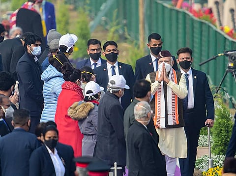 Prime Minister Narendra Modi arrives to witness the Republic Day Parade 2022, at Rajpath in New Delhi. (Photo | PTI)