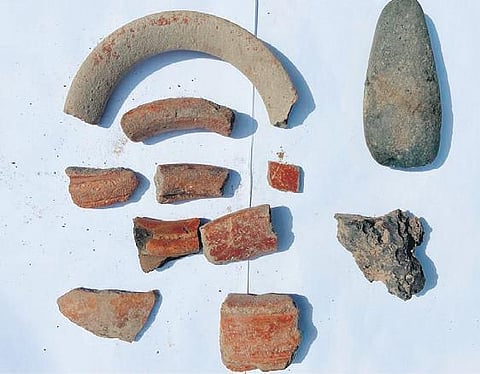 Megalithic, Neolithic and Satavahana era artefacts that were found in Bhattugudem village of Peddavura mandal in Nalgonda district by archaeologists on Wednesday.