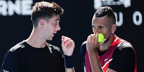 Nick Kyrgios (R) and Thanasi Kokkinakis talk during their doubles semifinal game against Marcel Granollers and Horacio Zeballos at the Australian Open tennis championships in Melbourne. (Photo | AP)