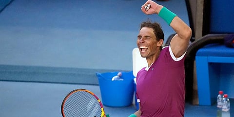 Rafael Nadal celebrates after defeating Denis Shapovalov in their quarterfinal match at the Australian Open tennis championships in Melbourne. (Photo | AP)