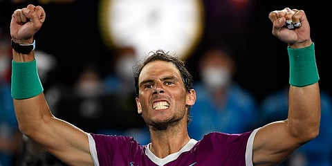 Rafael Nadal celebrates after defeating Matteo Berrettini in their semifinal match at the Australian Open tennis championships in Melbourne. (Photo | AP)