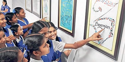 Students at a calligraphy exhibition at Cultural Centre of Vijayawada and Amaravati. (File Photo | P Ravindra Babu)