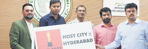 BM Santhosh, HMDA Secretray, unveiling the logo of IPOY 2022 with Aquin Mathews, Rama Krishna, Rajashekar Reddy and Aditya Gowra