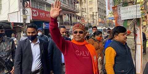 BJP national vice-president Dilip Ghosh campaigns for the party at ward 24 of Bidhannagar ahead of the municipal polls. (Photo| Twitter)