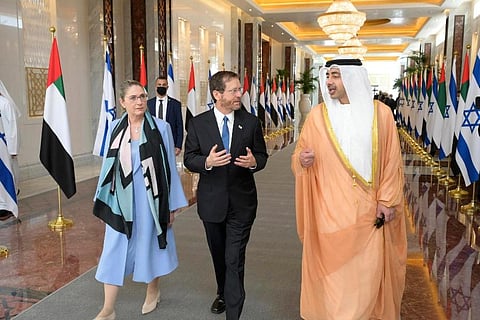 Israeli President Isaac Herzog, First Lady Michal Herzog are received by UAE Foreign Minister, Sheikh Abdullah bin Zayed Al Nahyan, in Abu Dhabi, UAE (Photo | AP)