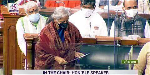 Finance Minister Nirmala Sitharaman tables the Economic Survey 2021-22 along with Statistical Appendix in the Lok Sabha. (Photo| LSTV)