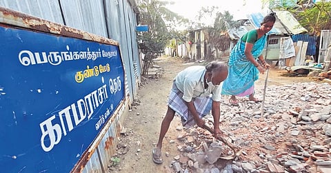 Residents of Gundumedu panchayat in Chennai fill construction debris on their streets as roads have not been laid for over two decades. (Photo | Ashwin Prasath)