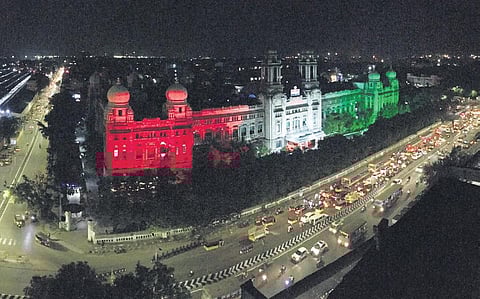 The Southern Railway building which was illuminated in tricolour ahead of this year’s Republic Day celebrations. (Photo | R Satish Babu)