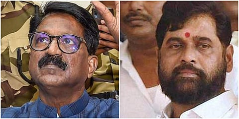 Maharashtra minister Eknath Shinde (L) and Shiv Sena MP Arvind Sawant. (Photo| Twitter)