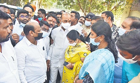 BJP State president Bandi Sanjay Kumar with his wife and supporters at the Karimnagar court premises on Monday, Jan 3, 2022