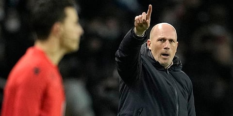 FILE - Brugge's head coach Philippe Clement, right, reacts during their Champions League Group A soccer match against PSG at the Parc des Princes stadium in Paris, France, Dec. 7, 2021. (Photo | AP)