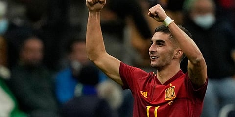 FILE - Spain's Ferran Torres celebrates after scoring during their Nations League semifinal soccer match against Italy at the San Siro stadium, in Milan, Italy, Oct. 6, 2021. (Photo | AP)