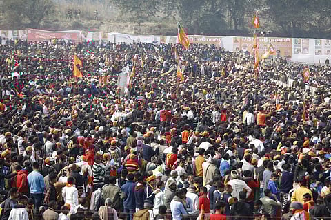 A large crowd of supporters gather to listen to Indian Prime Minister Narendra Modi as he lays the foundation stone of Major Dhyan Chand Sports University in Meerut. (Photo | AP)