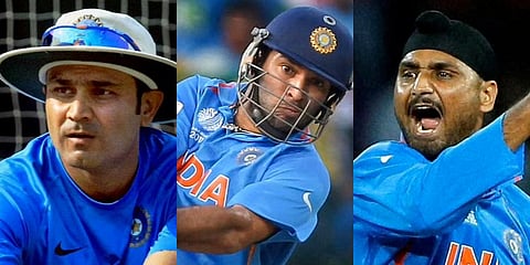 From left, Virender Sehwag, Yuvraj Singh and Harbhajan Singh will be part of the first edition of the Legends League Cricket to be held at the Al Amerat Cricket Stadium in Oman (Photos | PTI)