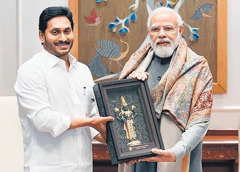 Andhra Pradesh Chief Minister YS Jagan Mohan Reddy calls on Prime Minister Narendra Modi in New Delhi on Monday, Jan 3, 2022. (Photo | Express)