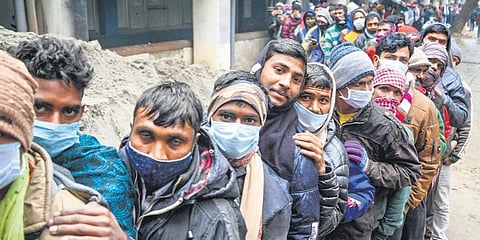 Long queue for COVID-19 vaccination at Civil Hospital in Ludhiana on Tuesday. (Photo | PTI)