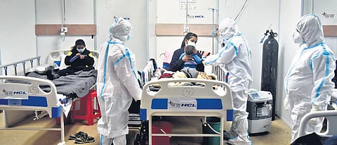 Covid-19 infected patients inside a Covid care centre at the Commonwealth Games (CWG) villages in New Delhi on Tuesday | parveen Negi