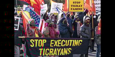 A group from the Tigrayan diaspora in North America protest about the conflict in Ethiopia, near the State Department, on Dec. 22, 2021, in Washington.(Photo | AP)