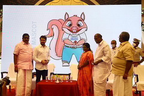 Lt Governor Dr Tamilisai Soundararajan unveils the mascot and logo of the National Youth Festival in the presence of CN N Rangasamy and Union minister Anurag Thakur (Photo | Express)