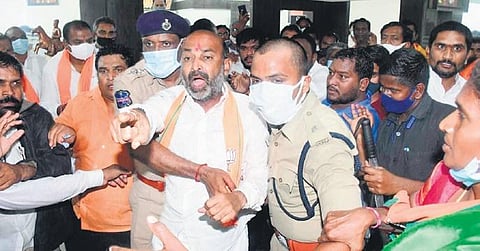 Police take BJP State president Bandi Sanjay Kumar into custody from his office in Karimnagar, Jan 2, 2022. (Photo | Express)