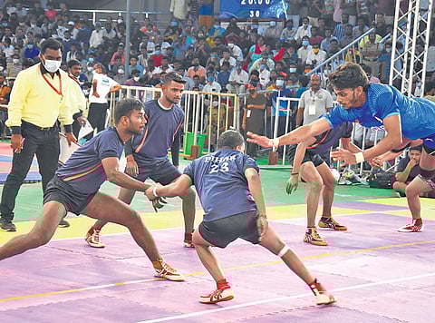 The five-day National Kabbadi Championship tournament gets under way at Indira Maidan in Tirupati on Wednesday, Jan 5, 2022. (Photo | EPS, Madhav K)