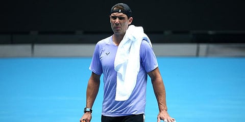 Rafael Nadal of Spain attends a practice session on Margaret Court Arena at Summer Set tennis tournament ahead of the Australian Open in Melbourne, Australia, Wednesday, Jan. 5, 2022. (Photo | AP)