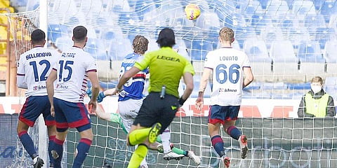 Sampdoria's Manolo Gabbiadini scores his side's first goal during a Serie A match against Cagliari at the Luigi Ferraris Stadium in Genoa. (Photo| AP)