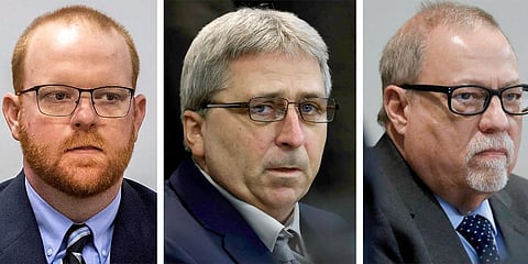 This photo combo shows, from left, Travis McMichael, William 'Roddie' Bryan, and Gregory McMichael during their trial at at the Glynn County Courthouse in Brunswick. (Photo | AP)