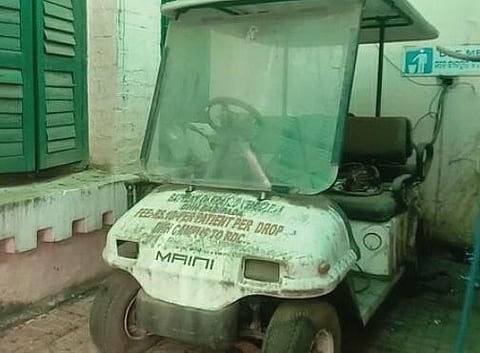 The battery vehicle for transporting critically ill patients has been dysfunctional due to lack of repair and is lying neglected on the premises. (Photo | Express)