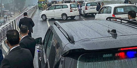 PM Narendra Modi's convoy stuck on a flyover as the road was blocked by a group of protestors, in Ferozepur. (Photo | PTI)