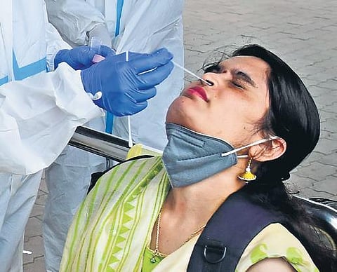 A woman gives her swab samples for RT-PCR test at the KSRTC bus stand in Bengaluru on Friday | Shriram BN
