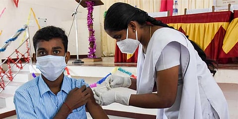 A student getting vaccinated at Bishop Heber School in Tiruchy. (Photo | MK Ashok Kumar)
