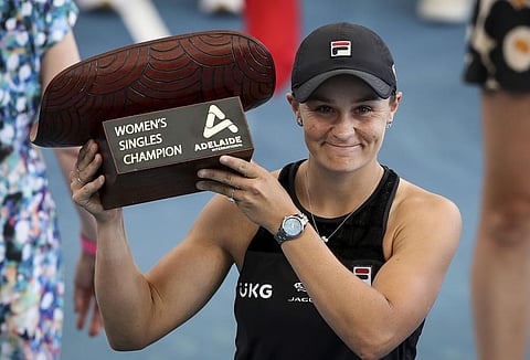 Ash Barty of Australia celebrates victory with the trophy after winning over Elena Rybakina of Kazakhstan in the final of the the Adelaide International Tennis Tournament, in Adelaide. (Photo | AP)