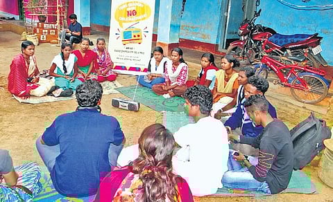 Reporters of the radio station meeting villagers. (Below) The community radio station at Chhapar village. (Photo | EPS)