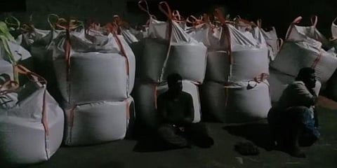 Beach sand being packed for transportation at a beach sand mineral godown in the ourskirts of Thoothukudi. (File photo| EPS)