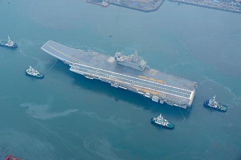 Indigenous Aircraft Carrier (IAC) Vikrant headed out for the next set of sea trials on Sunday (Photo | Special Arrangement)