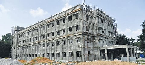 Works on the new girls’ hostel progress at Nizam College in Basheerbagh. The new building has been constructed at a cost of Rs 8 crore | Vinay Madapu