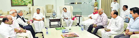 CPM and CPI leaders including Kerala CM Pinarayi Vijayan during a meeting with Telangana CM K Chandrashekar Rao | Express