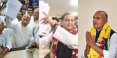 From left senior Congress leaders Mallikarjun Kharge, Shashi Tharoor and KN Tripathi. (Photos | PTI)