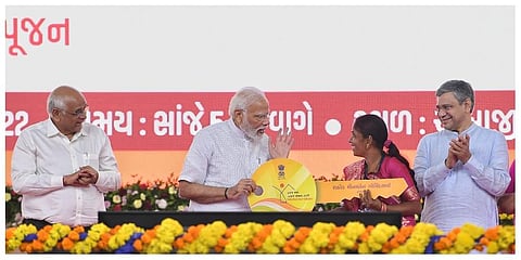 Narendra Modi during the inauguration of various development projects in Ambaji, Gujarat. (Photo | PTI)