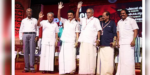 amil Nadu Chief Minister MK Stalin s addressing the CPI's Kerala State conference's session on federalism and Centre-State relations. (Photo | Twitter, @mkstalin)