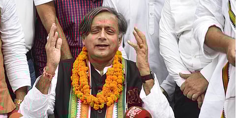 Senior Congress leader Shashi Tharoor addresses a press conference after filing his nomination papers for the post of party President. (Photo | PTI)