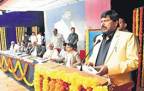 Union Minister of State for Social Justice and Empowerment Ramdas Athawale speaks during a seminar on Dr Bhimrao Ambedkar and Constitutionalism