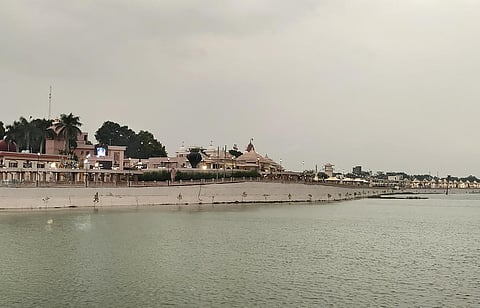 The grand corridor - 'Mahakal Lok', seen from Vikram Tila located in the ancient Rudrasagar Lake (Photo | PTI)