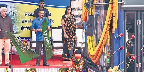 Chief Minister Arvind Kejriwal with Transport Minister Kailash Gahlot flags off CNG buses at Rajghat Depot | Parveen Negi