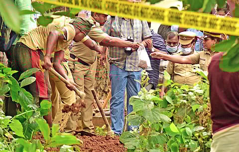 Police recover body parts of the victims in connection with the Kerala 'twin human sacrifice' case. (Photo | Shaji Vettipuram, EPS)