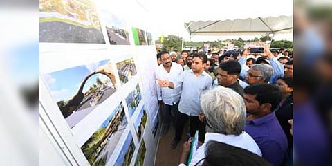 MAUD Minister KT Rama Rao looks at the photos on display after inaugurating the Eco Tourism Park at Osmansagar in Hyderabad on Tuesday