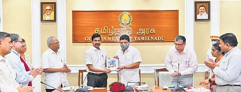 Finance Minister Palanivel Thiaga Rajan releasing the summary report of the Tamil Nadu Household Panel Survey (Pre-Baseline Survey 2018-19) on Tuesday | Express
